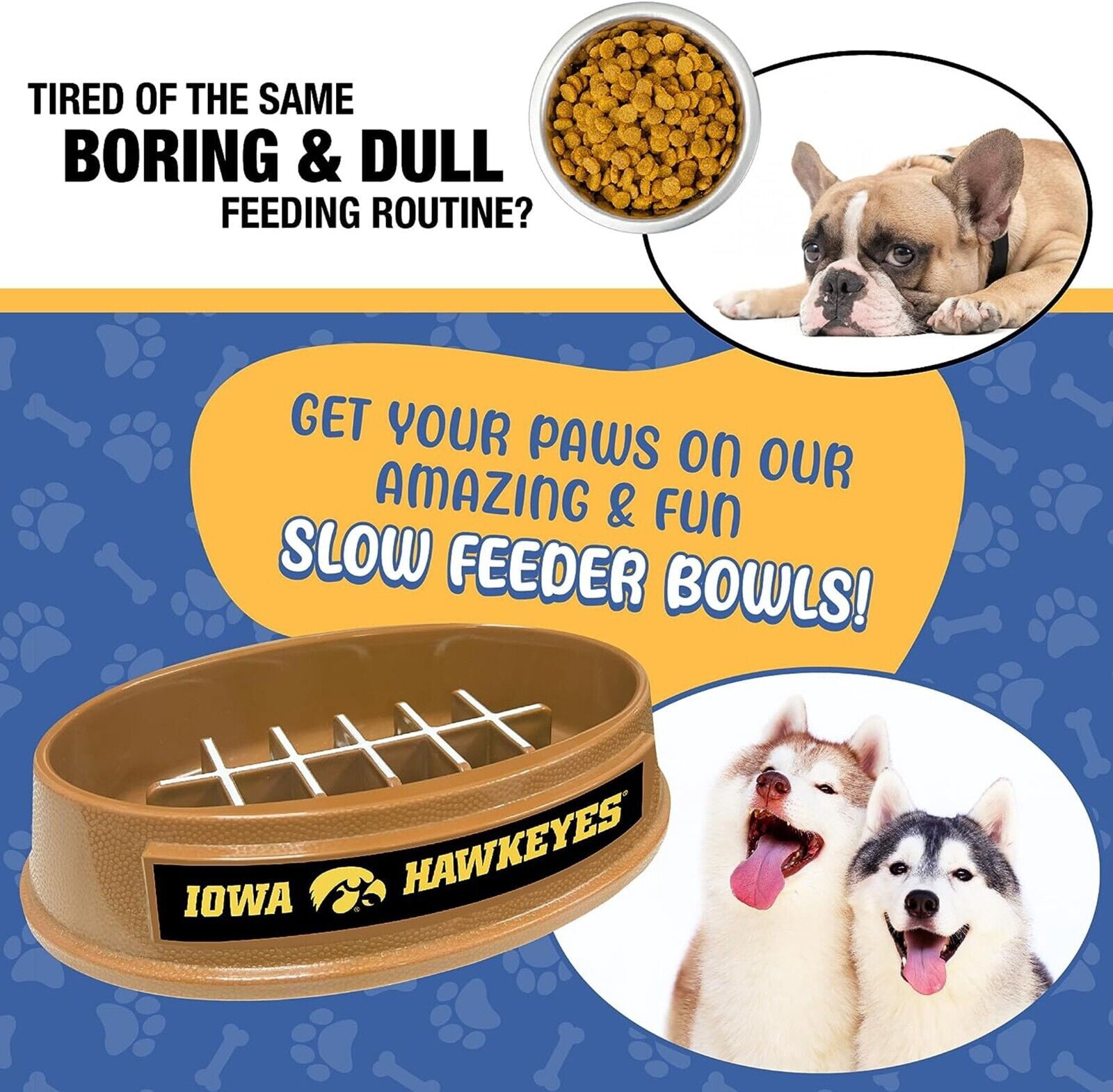 Pets First NCAA Iowa Hawkeyes Super-Bowl Slow Feeder Bowl for Dogs and Cats with Non-Slip Mat