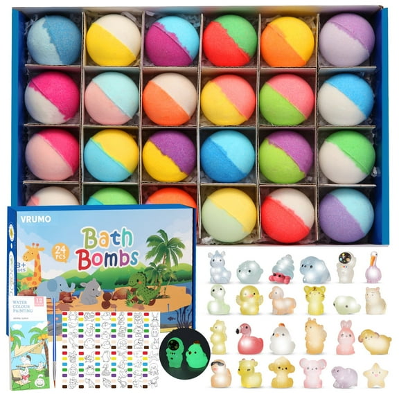 Vremou Bath Bombs for Kids with Surprise Inside, 24 pack Kids Bubble Bath with Glow in The Dark Bath Toys & Water Color Painting, Natural Organic Bath Bombs