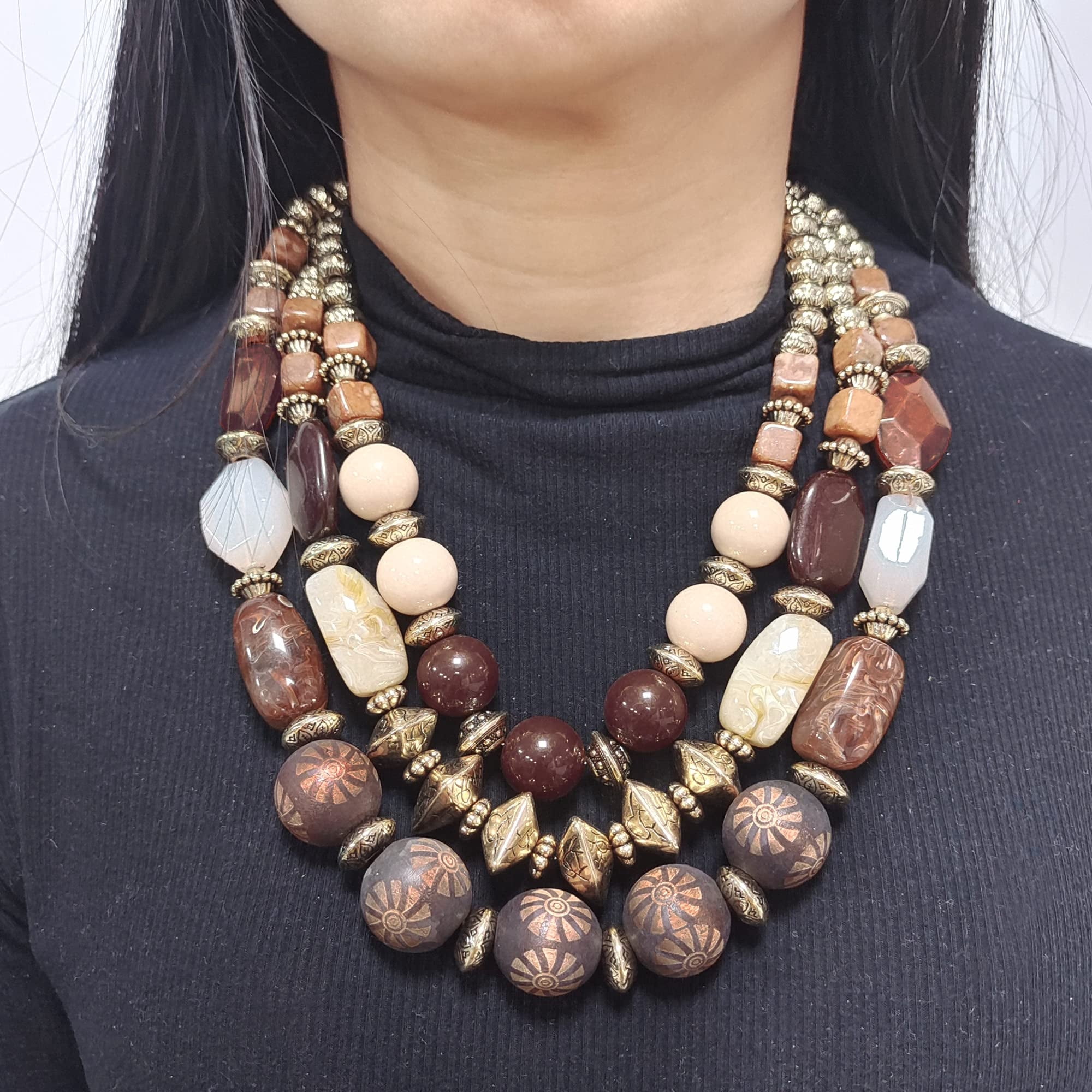 Bocar 3 Layer Chunky Statement Beaded Necklace and Earrings Set, Fashion Multi Layer Women Collar Necklace Jewelry Set (NK-10625-Brown Set)