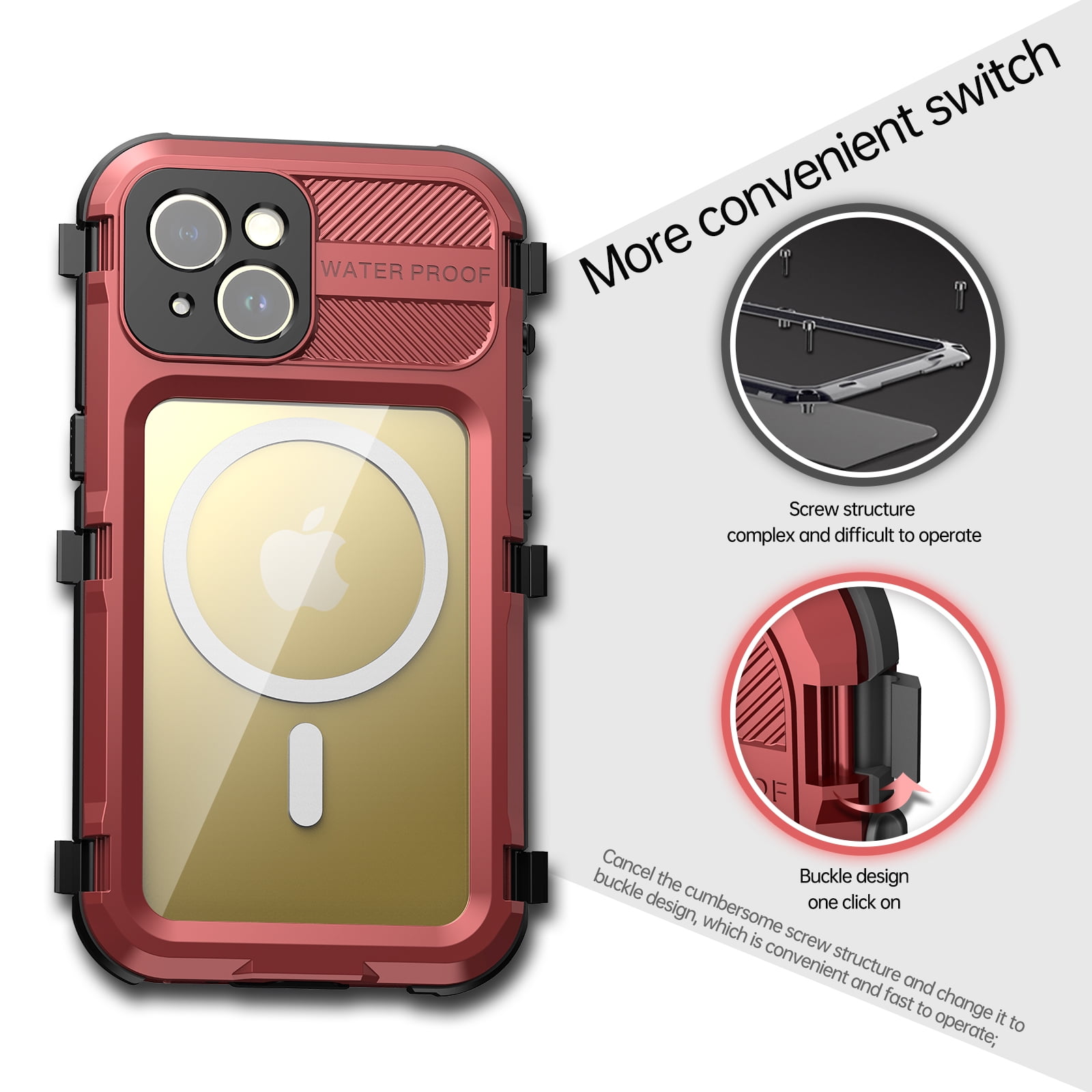 for iPhone 15 Pro Case, IP68 Waterproof Dustproof Shockproof Cases with Built-in Screen Protector, Full Body Sealed Protective Front and Back Cover for iPhone 15 Pro, 6.1 inch, Red