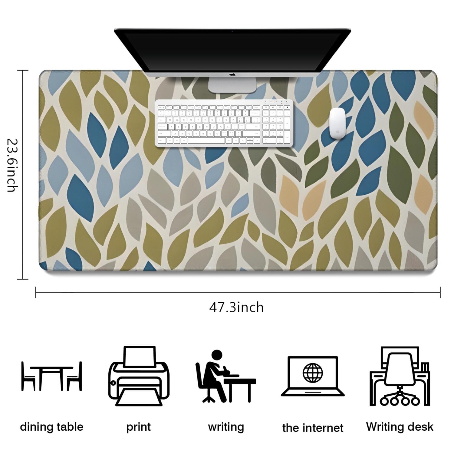 Long Mouse Pads for Desk,Blue Leaf and Vine Pattern Desk Mats on Top Of Desks, Desk Mouse Pad Extra Large with 3mm Non-Slip Base and Stitched Edge for Gaming,Office,Work,Home 47.3"x23.6"