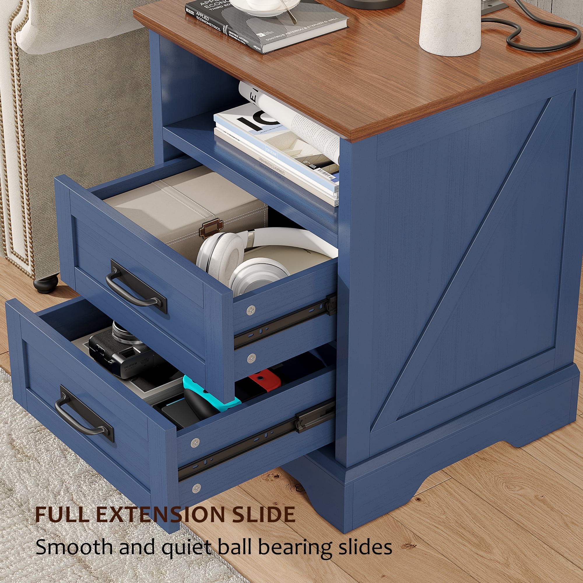 Farmhouse Nightstand Set of 2, 18 inch End Table with Charging Station for Bedroom, Living Room, Blue