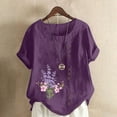 thumbnail image 2 of WREESH Womens Loose Casual Cotton Linen Shirts Summer Print Regular Button Round Neck Short Sleeve Short Sleeves Top Purple, 2 of 5