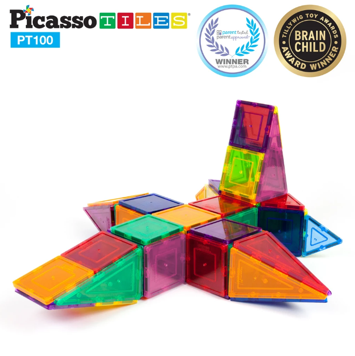 PicassoTiles 100 Piece Set 100pcs Magnet Building Tiles Clear Magnetic 3D Blocks