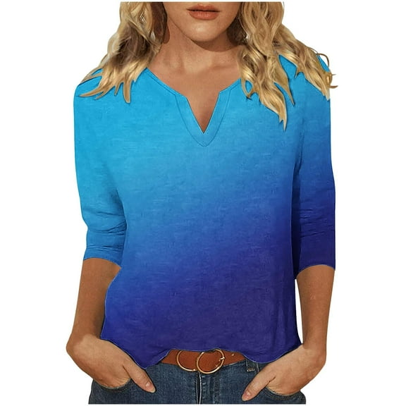 Gnshining Fitted Sweatshirt for Women 3/4 Sleeve V Neck Casual Tunic Pullover Fall Fashion Loose Solid Color Tops