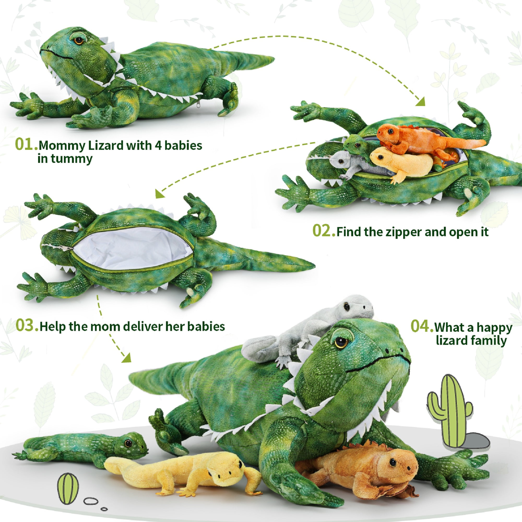 Tezituor 5Pcs Lizard Stuffed Animal 26.3" Giant Lizard Plush with 4 Babies Plush Toy