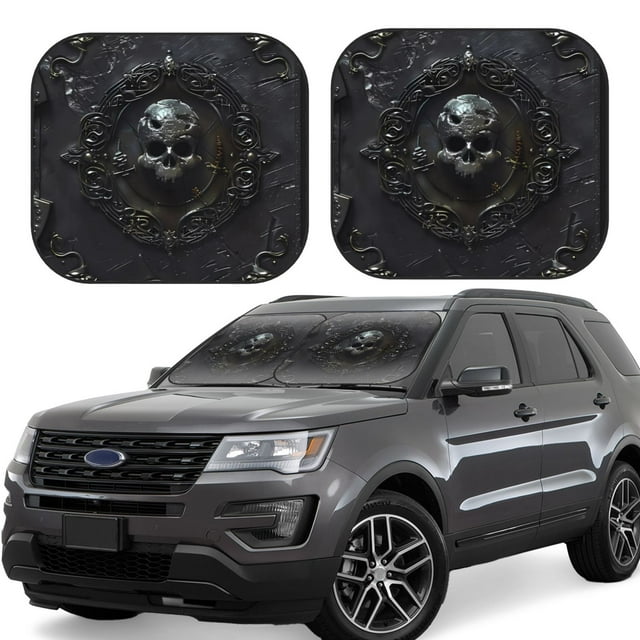 Fotbe Ornate Dark Skull Book 2-Piece Car Windshield Sun Shade | Sun Blocker for Car Windshield | Foldable Automotive Interior Accessories for Sun Protection-Medium