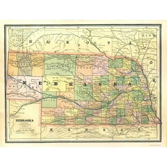 Historic State Map - Nebraska - Cram 1886 - Vintage Wall Art
