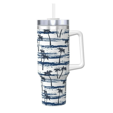 

Goofa Retro Coconut Tree Print 40oz Ice Bully With Handle And Straw Stainless Steel Vacuum Insulated Cup And 2 In 1 Straw Lid