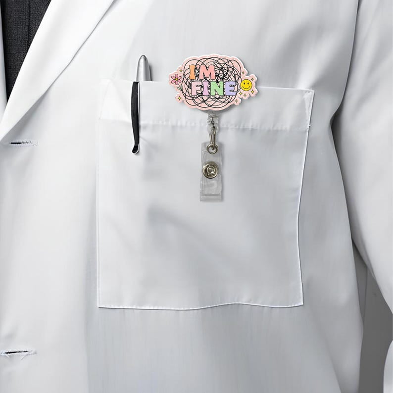 TiniDecor I’m Fine Funny Badge Reel, Retractable ID Holder, Cute Mental Health Gift for Nurse