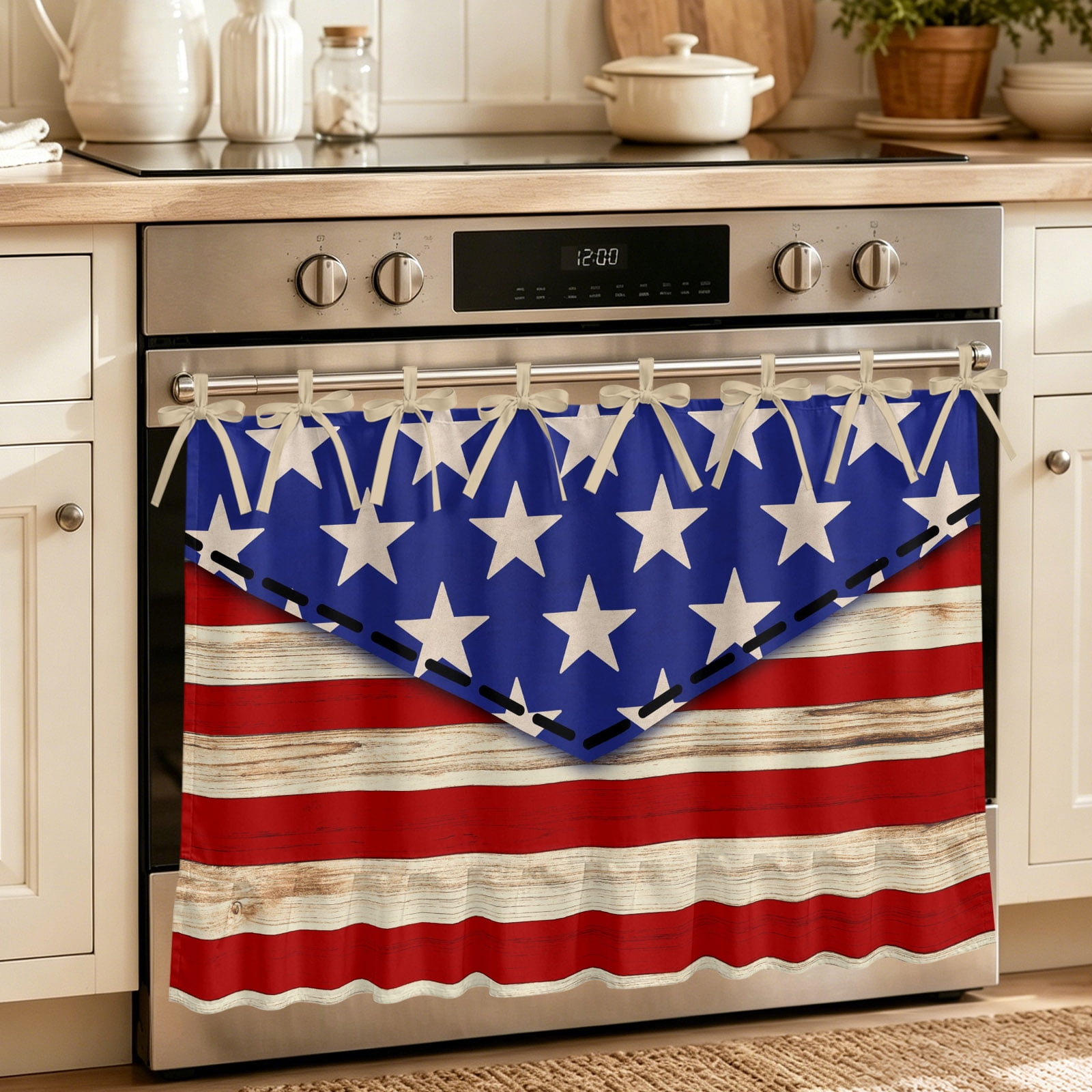 Vintage Star Stripes Flag Oven Skirt for Farmhouse Kitchen D&eacute;cor Independence Day USA Flag Wood Oven Curtain Tie Top Decorative Stove Skirt Cabinet Dish Washer Curtains with 8 Ribbon Ties 32 x24