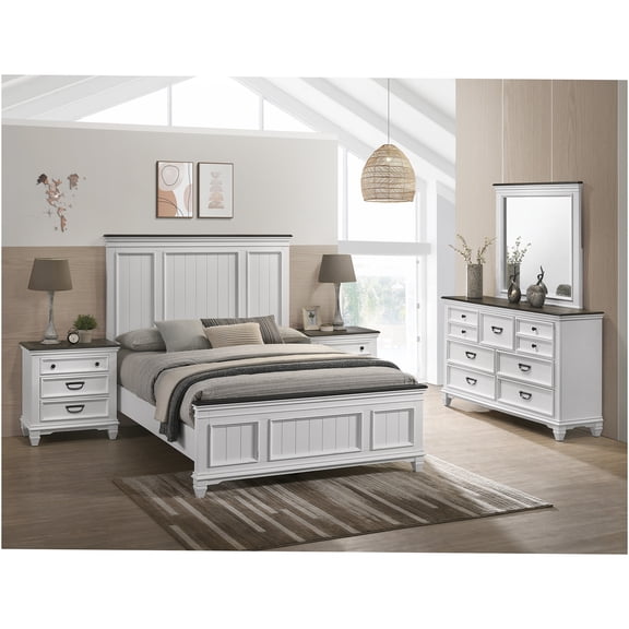 JERFIT 5-Piece Farmhouse Queen Bedroom Set with Shiplap Headboard, 2 Nightstands, Dresser & Mirror in Antique White and Gray Wood