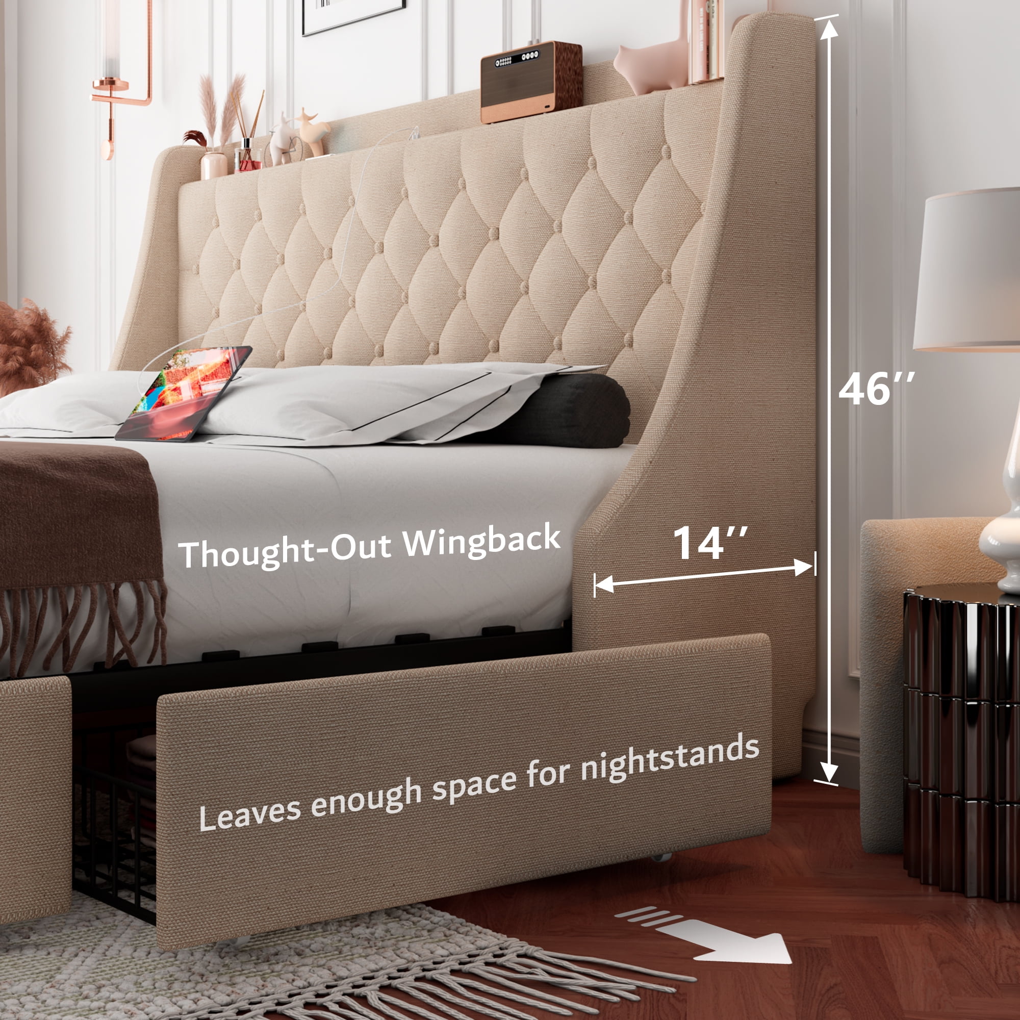 Virans Queen Bed Frame with 4 Storage Drawers & Charging Station, Upholstered Platform Bed Frame with Wingback Storage Headboard,No Box Spring,Beige