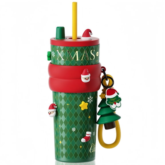 Sidagar 24 oz Ceramic-Coated Stainless Steel Vacuum Insulated Tumbler, Leak-Resistant Straw Lid, Santa Charm