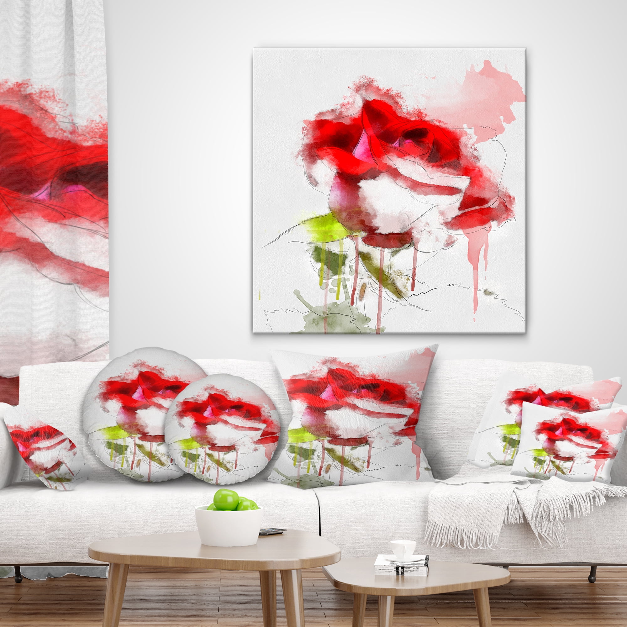 Designart Red Rose Sketch with Red Splashes - Floral Throw Pillow - 16x16