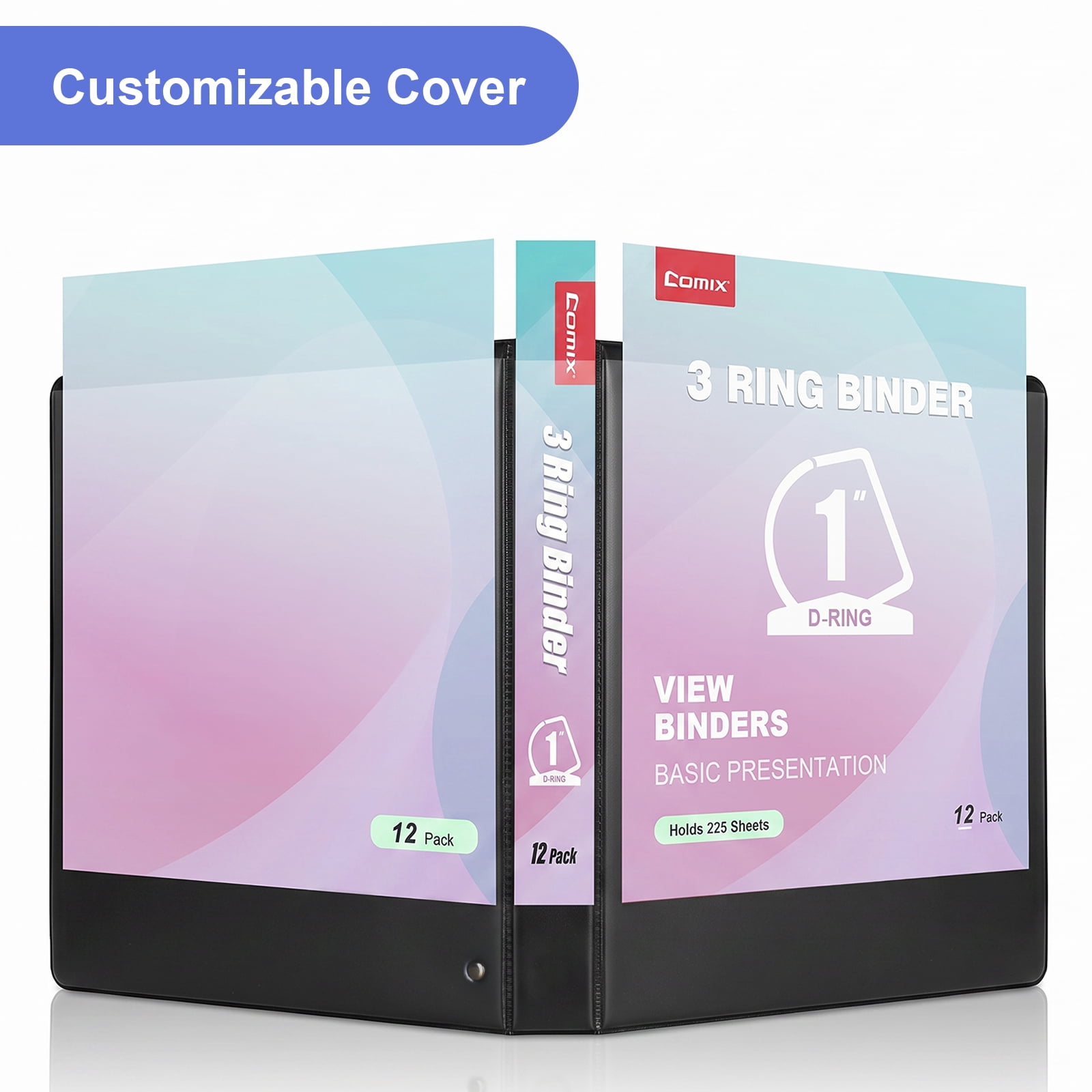Comix 1 inch 3 Ring Binder with Clear Cover, Strong D Ring, Fits Letter Size, Holds 225 Sheets, School Office Supplies,12-Pack Black