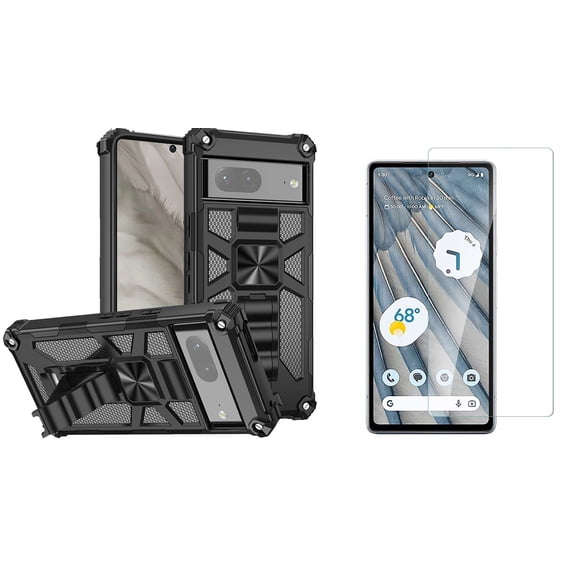 BEMZ Heavy Duty Armor Rugged Magnetic Mount Stand Case (Black) with (2-Pack) Tempered Glass Screen Protectors for Google Pixel 7a