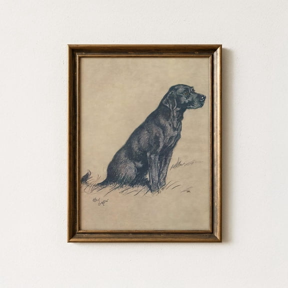 Vintage Black Labrador Antique Dog Portrait Rustic Decor Wall Art