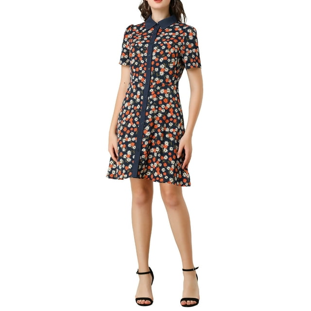 INSPIRE CHIC Robe Chemise à Manches Courtes avec Ceinture et Col Contrasté pour Femmes TP Noir