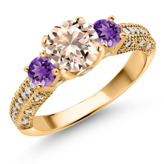 Gem Stone King 18K Yellow Gold Plated Silver Peach Morganite Purple Amethyst and White Moissanite Engagement Ring for Women (1.73 Cttw, Gemstone October Birthstone, Round 7MM and 4MM, Size 7)