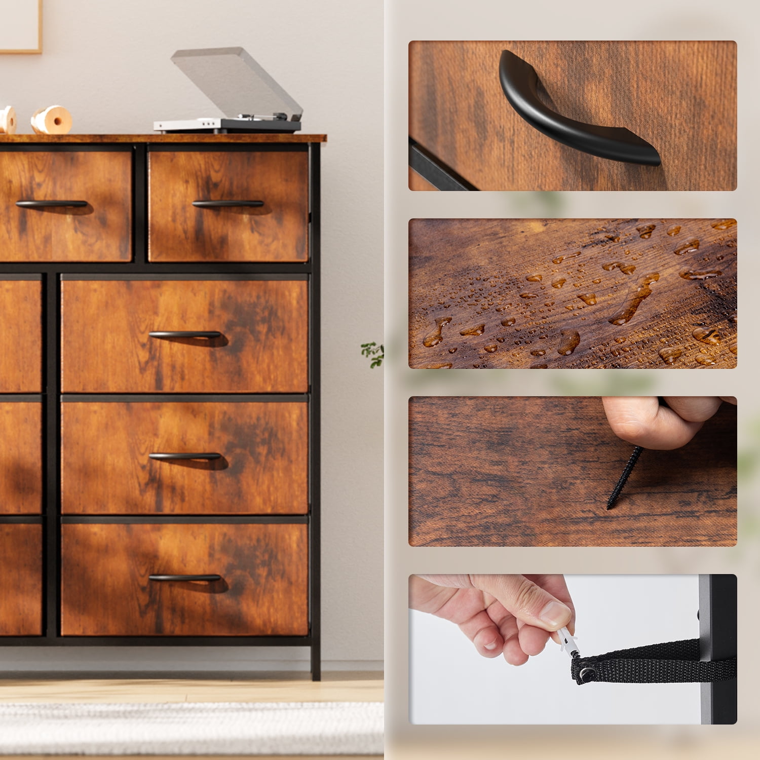 ZUNMOS 9 Drawer Fabric Dresser for Bedroom, Chest of Drawer Organizer Storage Cabinet for Closet, Entryway, Rust Brown
