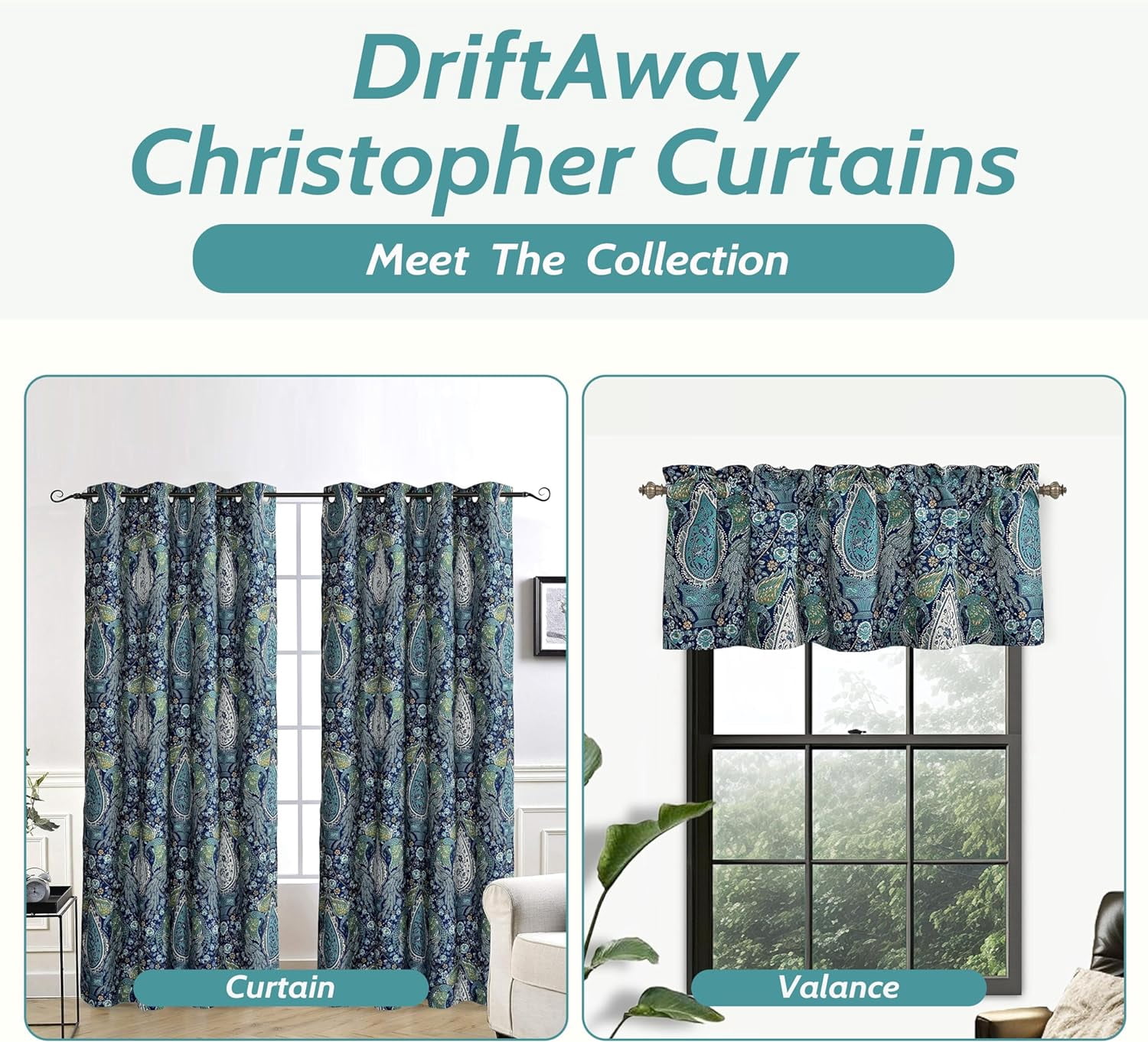 DriftAway Christopher Peacock Floral Pattern Energy Saving Thermal Insulated Blackout Window Curtain Grommet 2 Layers 2 Panels 	84"L x 52"W Teal