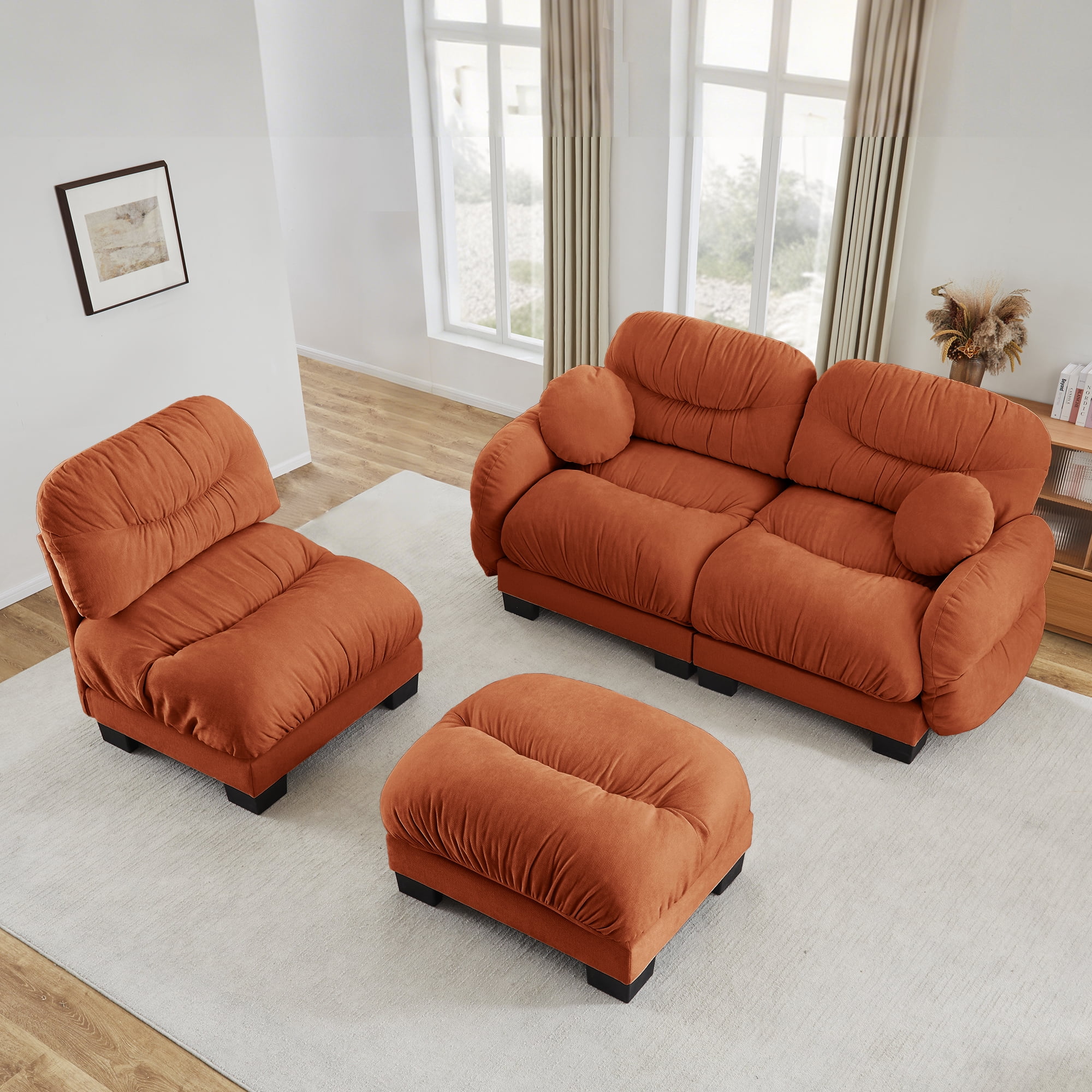 116" 3 Seater Sectional Couch Cozy Chenille Modular Sofa with Ottoman and 2 Throw Pillows
