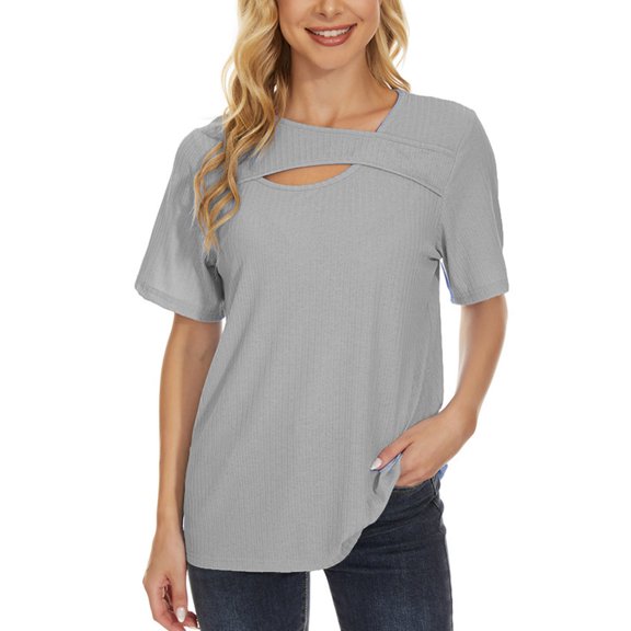 ClodeEU Women's Cutout Round Neck Short Sleeve T-Shirt ，Solid Color Casual Loose Fit Tee Gray,Womens Plus L
