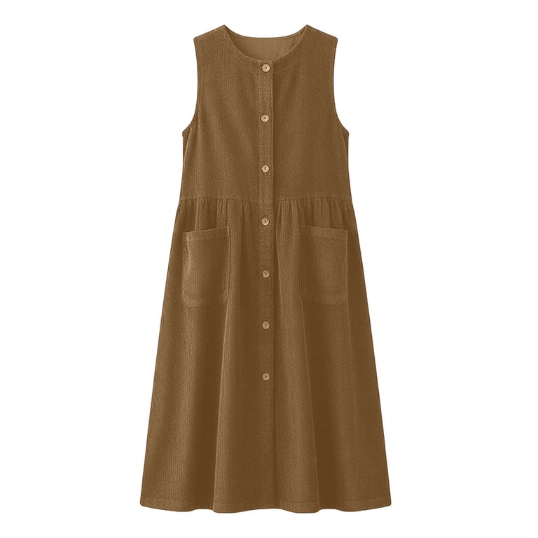 midi corduroy overall dress Corduroy Overall Dress Womens Button Down Sleeveless Crew Neck Vest Midi Dresses with Pockets Spring Fall Clothes (2XL, Green)