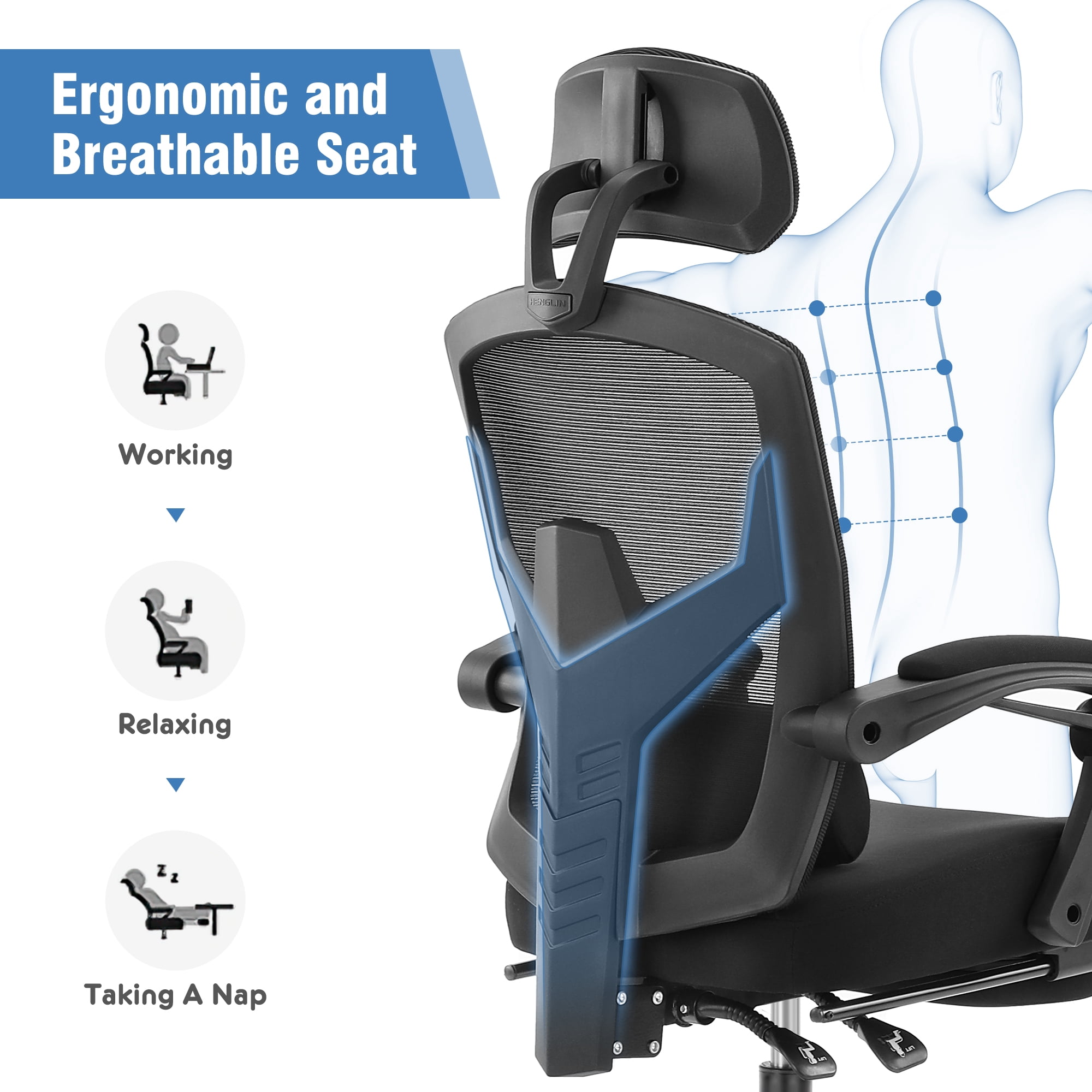CONCETTA Ergonomic High Back Mesh Office Chair with Headrest, Footrest, Armrests for Adults, Black