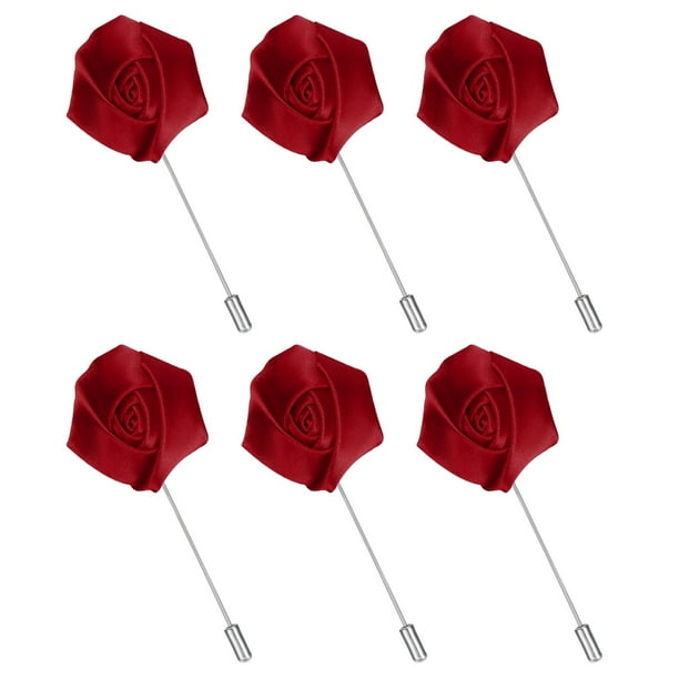 Paquete de 6 Pines de Solapa de Rosa para Hombres, Pines de Flor de Satén, Rojo Vino