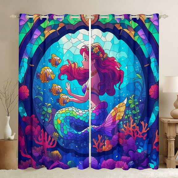 Erosebridal Mermaid Princess Curtains for Living Room, Underwater World 30%-50% Blackout Curtains Set of 2 (42x63), Ocean Coral Curtains and Drapes (42x63), Window Curtains Room Decor