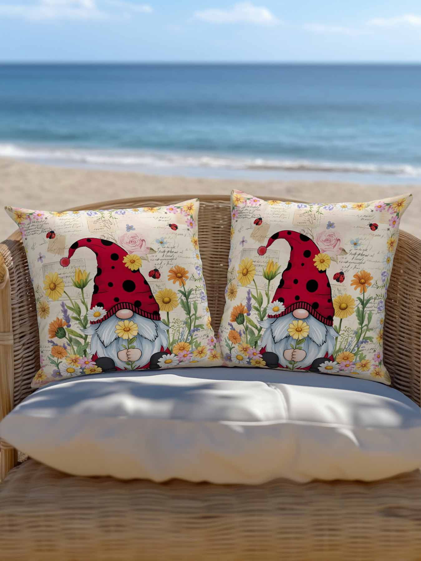 Outdoor Pillows Waterproof, Farmhouse Gnomes Bedding Throw Pillows with Insert for Couch Sofa Bed, Vintage Pastoral Daisy Floral Country 16x16 Inch Pillowcases Decorative Patio Pillow Set of 1