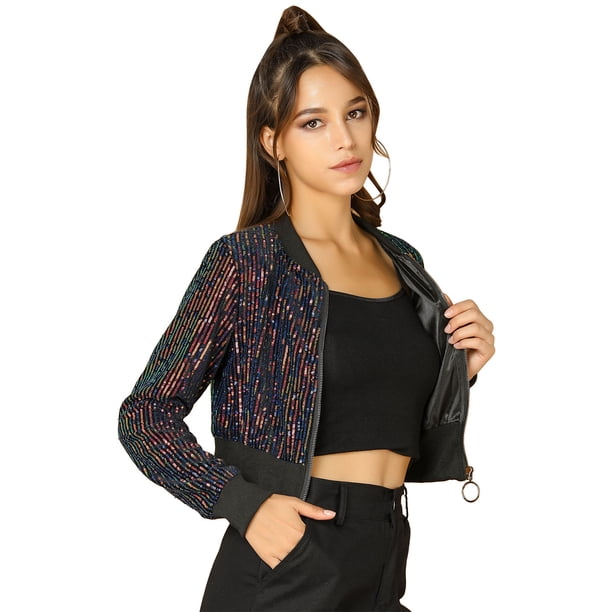 Chaqueta Lentejuelas Tipo Aviador Cremallera En Parte Delantera Purpurina Brillante Negro-Rojo T L