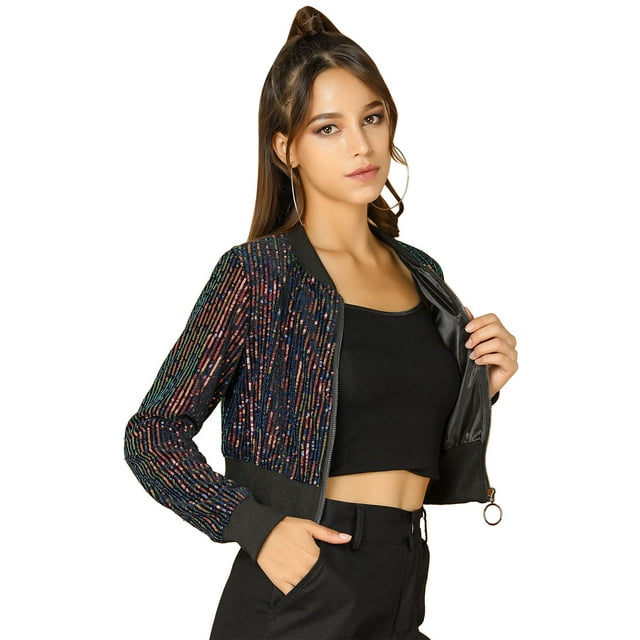 INSPIRE CHIC Women's Sequin Sparkle Zipper Cropped Bomber Jacket