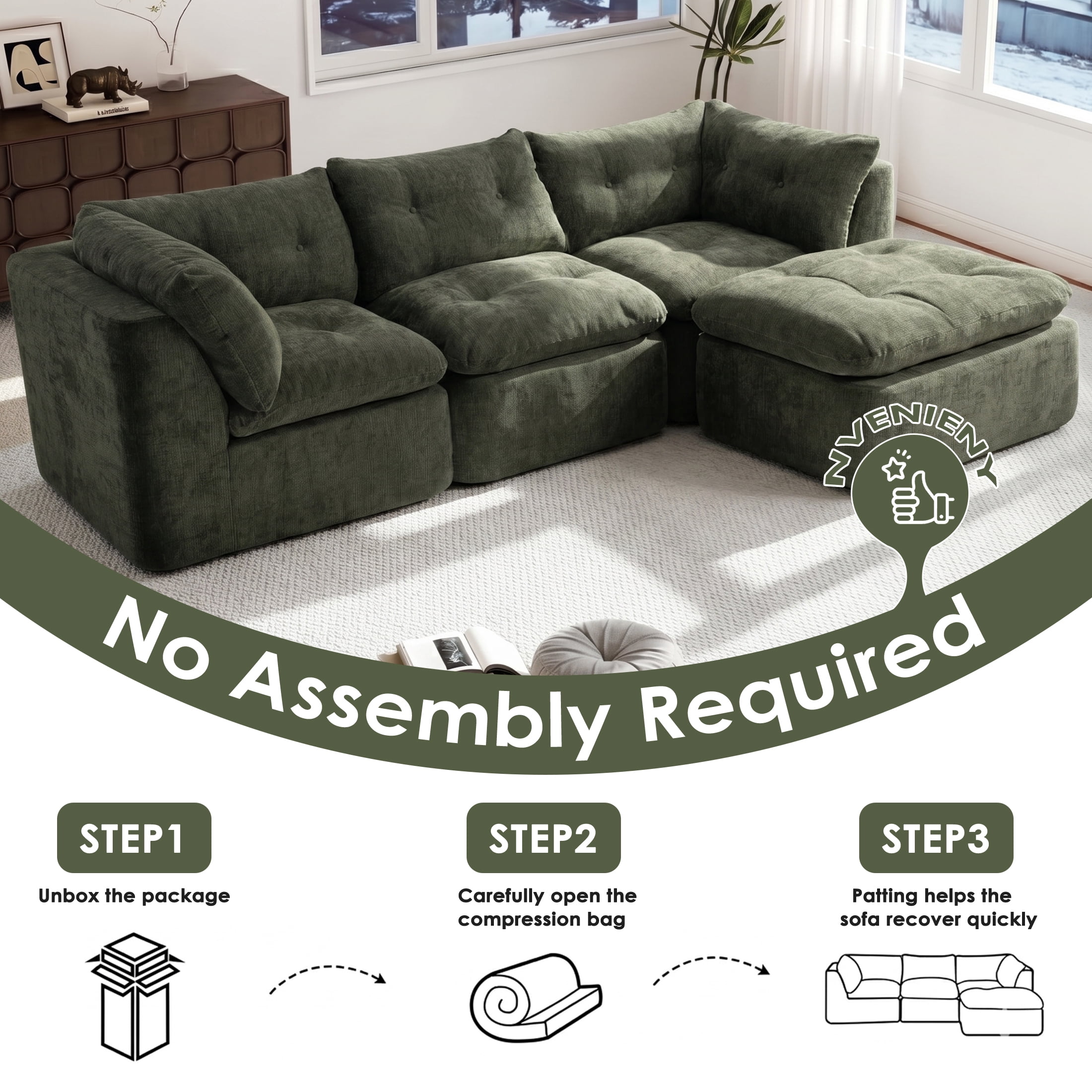 AISWORD Modular Sectional Sofa, Deep Seat Cloud Couch with Ottoman, 4-Seater Convertible L-Shaped Chenille Fabric Couch, Oversized Comfortable Frame-Free Set for Living Room, No Assembly, Green