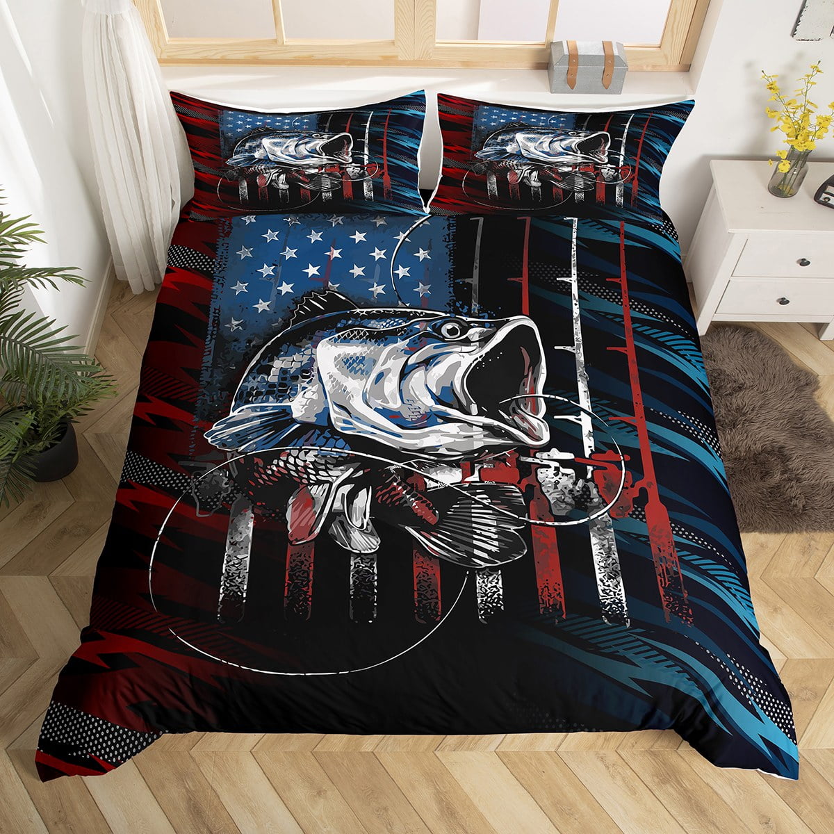 YST American Flag Fishing Bedding Set Queen Hunting Bass Fish Duvet