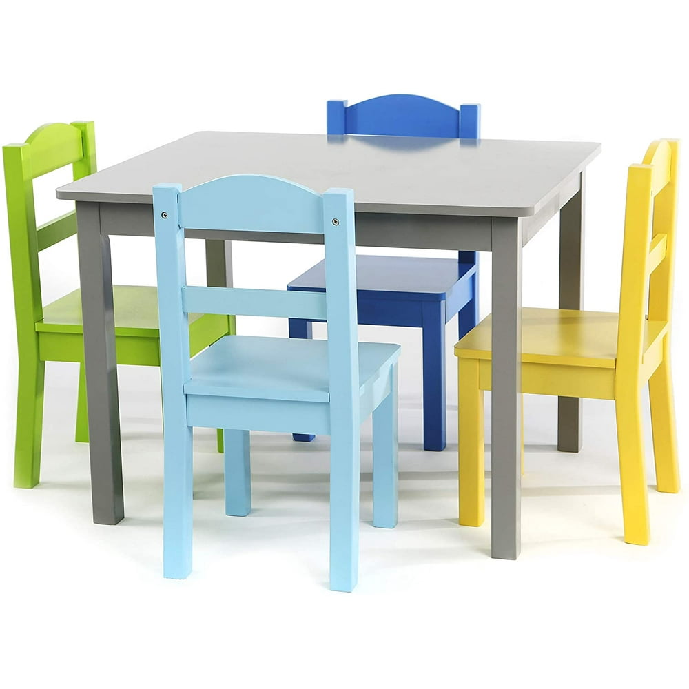 Humble Crew, Grey/Blue/Green/Yellow Kids Wood Table and 4 Chairs Set - Walmart.com - Walmart.com