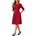 thumbnail image 4 of INSPIRE CHIC Wear to Work Dress for Women's Boat Neck Short Sleeves Midi Flared Office Dresses L Red, 4 of 6