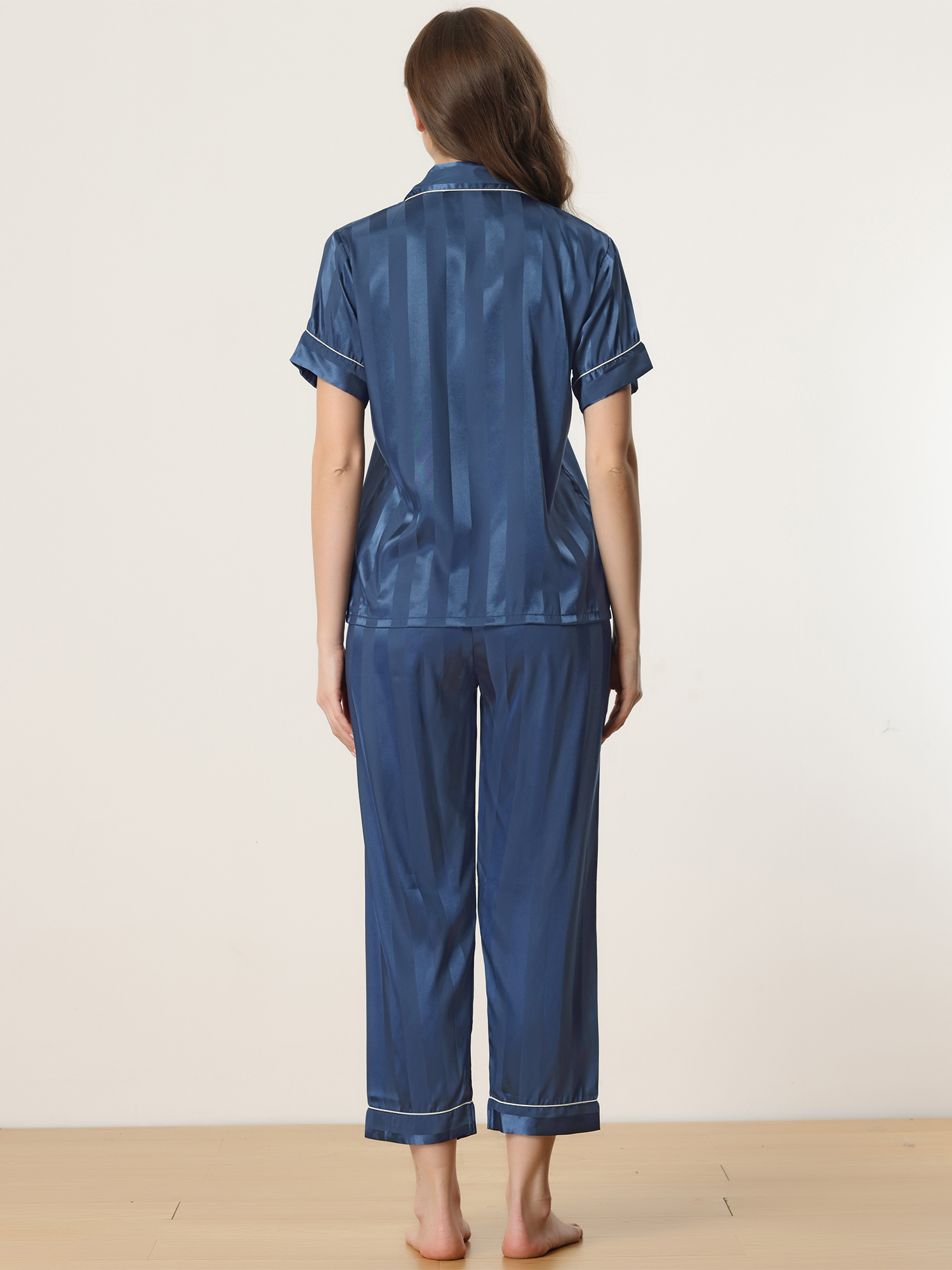 DARING DIVA Women's Satin Button Down Short Sleeve Long Pants Pajama Set M Navy Blue
