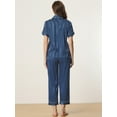 thumbnail image 4 of DARING DIVA Women's Satin Button Down Short Sleeve Long Pants Pajama Set S Navy Blue, 4 of 5
