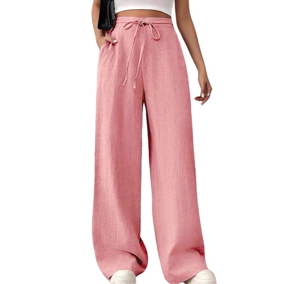 Women'S High Waist Slim Fit Draped Casual Tie Front Wide Leg Pants Pink L