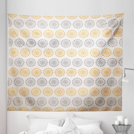 Ethnic Tapestry, Bohemic Oriental Inspired Geometrical Floral Art Image, Fabric Wall Hanging Decor for Bedroom Living Room Dorm, 5 Sizes, Apricot Grey and White, by Ambesonne