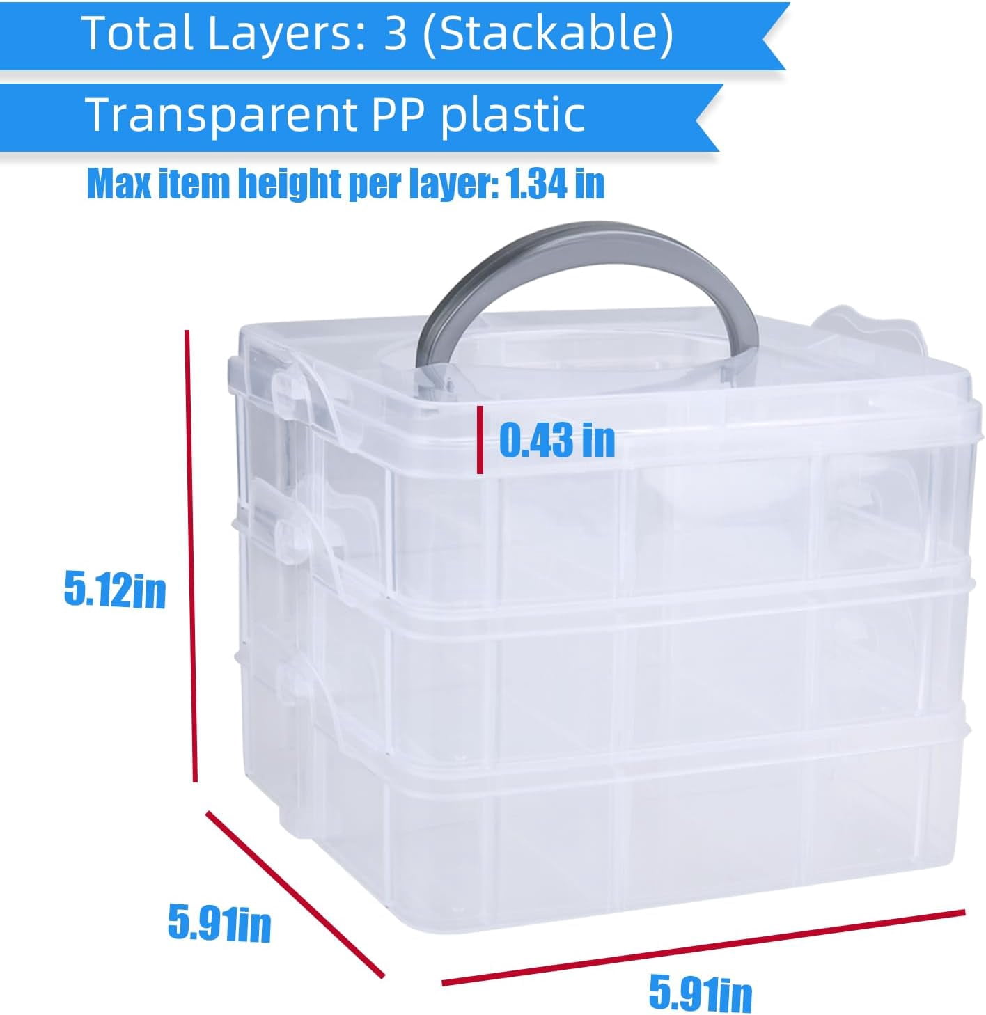 2pack 3-Tier Stackable Storage Container Box with Adjustable Compartments for Kids Toys, Art Crafts, Jewelry, Supplies,Tools Storage-18 Compartments, 5.91" L x W 5.12" H