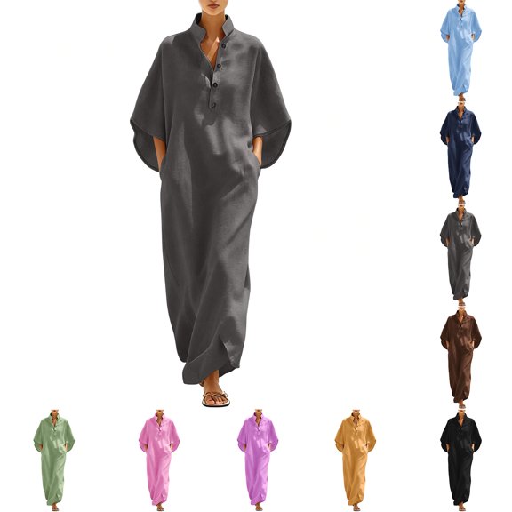 Zpzdpjkx Women's Cotton Linen Maxi Dress, Solid Color 3/4 Sleeve V-Neck Casual Long Dress with Pockets