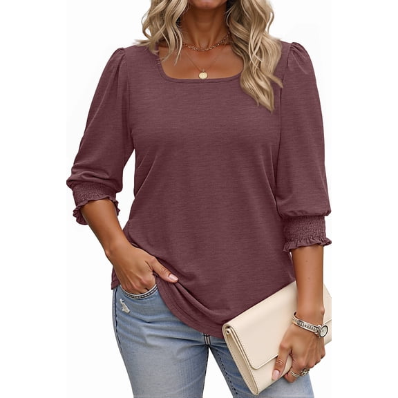 WellSize 3/4 Sleeve Womens Plus Size Tops Dressy Square Neck Casual Blouses Smocked Cuffs Summer Shirts