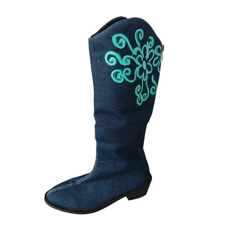 GHSOHS Cowboy Boots for Women Over The Knee Boots Leather Boots for Women Black Boots Back Zipper Denim Mid Calf Boots With Low Heel Round Toe Boots Comfort Rain Boots Dress Shoes Hiking Boot Size 37