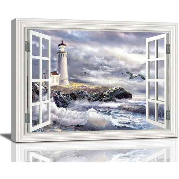 Lighthouse Nautical Pictures Wall Art Ocean Canvas Wall Decor Nautical Painting Lighthouse Framed Artwork for Bathroom Bedroom Living Room 16"x12"