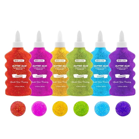 BAZIC Glitter Glue 6 Neon Color Non-Toxic (6.8oz/Pack), 6-Packs