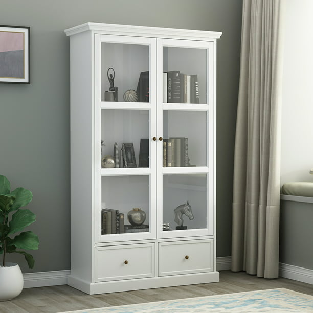 Erkang 70 Large Bookcase With Glass, Modern Bookcase With Glass Doors And Drawers